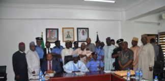 left, Perm. sec. Maurice Nnamdi Mbaeri; Center; Minister of Police Affairs, Muhammad Maigari Dingyadi, right; Muhammad Adamu, I.G of Police with committee members