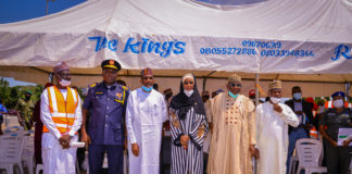 (3RD-R) THE HONOURABLE MINISTER OF HUMANITARIAN AFFAIRS, DISASTER MANAGEMENT AND SOCIAL DEVELOPMENT, SADIYA UMAR FAROUQ,(3RD-R) THE PERMANENT SECRETARY OF HUMANITARIAN AFFAIRS,DISASTER MANAGEMENT AND SOCIAL DEVELOPMENT, NURA BASHEER ALKALI,(1ST-L) DIRECTOR HUMANITARIAN AFFAIRS, GREMA ALI ALHAJI,(2ND-L) ASSISTANT COMPTROLLER GENERAL OF FEDERAL FIRE SERVICE, KAREBO SAMSON,(1ST-R) DG NEMA,MOHAMMED MUHAMMED,(2ND-R) DG FERMA, ABBAS G IDRIS , DURING THE COMMEMORATION OF 2020 INTERNATIONAL DAY FOR DISASTER RISK REDUCTION, HELD OUTSIDE THE TOWER B PHASE 1 FEDERAL SECRETARIAT ABUJA, ON THE 23 OCTOBER,2020.