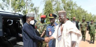 Hon. Min. of Defence, Maj Gen Bashir Salihi Magashi arriving at the Graduation Ceremony of Senior Course 44 at the Armed Forces Command College (AFCSC), Jaji, Kaduna. Magashi was received by Permanent Secretary Dr. Ibrahim Abubakar Kana mni and Cmdnt. AFCSC AVM OA Tuwase.