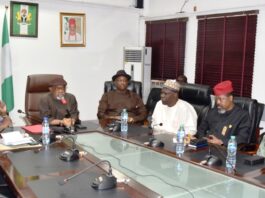 Honourable Minister of Labour and Employment, Dr Chris Ngige (2nd left); Minister of State, Labour, Festus Keyamo, SAN (3rd left); Permanent Secretary, Labour, Ms. Kachollom S. Daju, mni (left); Deputy President of NLC, Comrade Najeem Usman Yasin (3rd right); General Secretary, NLC, Comrade Emmanuel Ugboajah, mni (2nd right) during the meeting of NLC with the Ministers