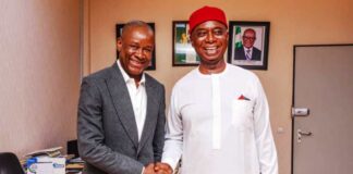 The Honourable Minister of Sports Development, Sen John Owan Enoh in a handshake with the Vice Chairman, Senate Committee on Sports, Sen. Ned Nwoko when the later paid him a courtesy visit in his office recently.
