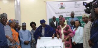 Unveiling: Performed on behalf of the Coordinating Minister by the Permanent Secretary Federal Ministry of Health & Social Welfare Daju Kachollom mni, unveiling the National Guidelines for Chemical Events Surveillance In Nigeria; ably supported by Pharm. Olubunmi Aribeana Director Food and Drugs Services Dept. and major stakeholders.